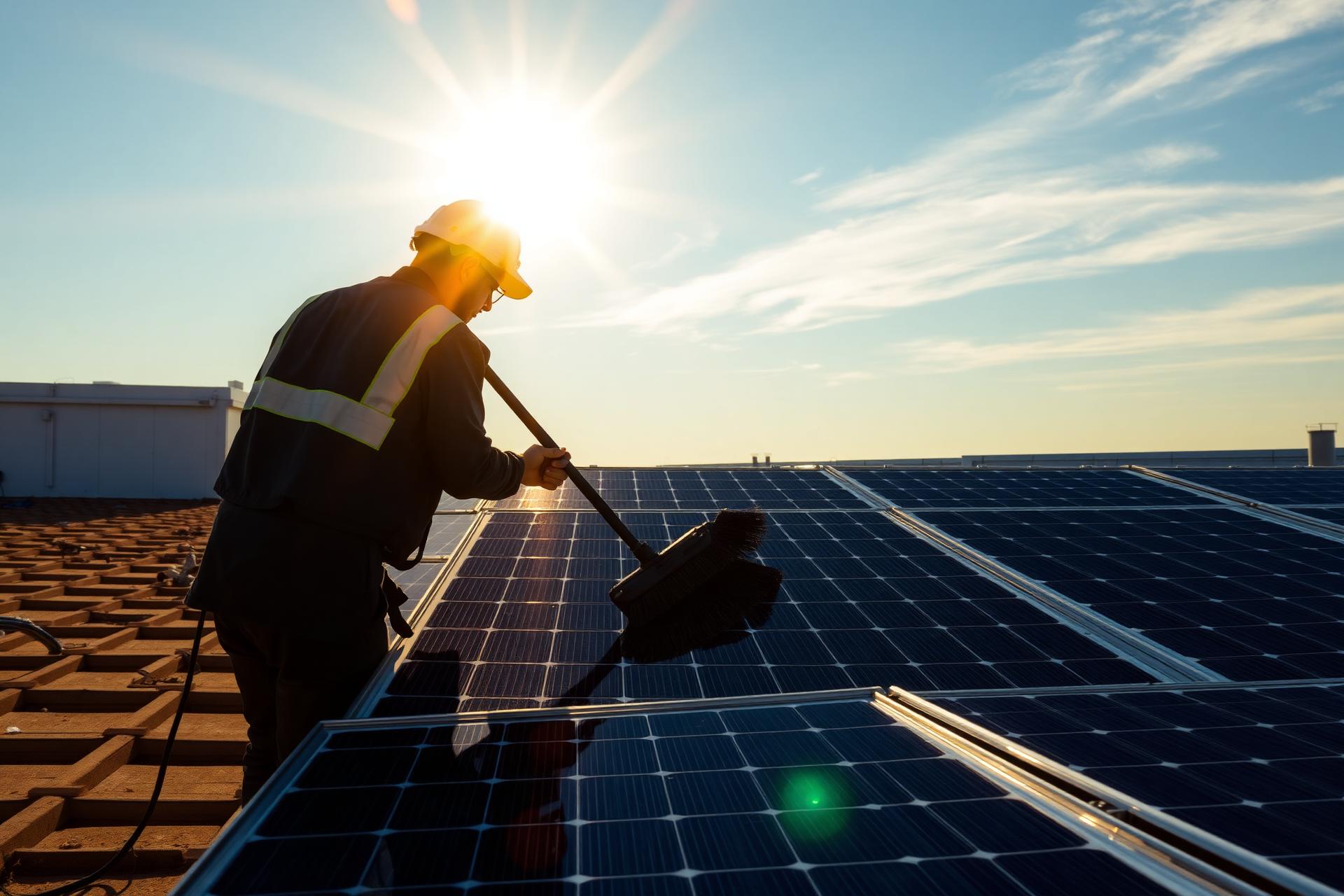 Worker cleaning solar panels at sunrise